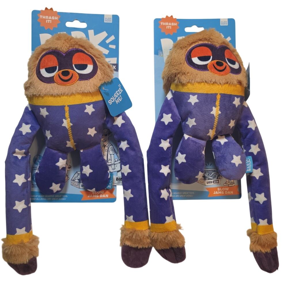 Bark Box Slow Jam Dan Sloth Pajamas Plush Crinkle Squeaky Dog Toy LOT 2